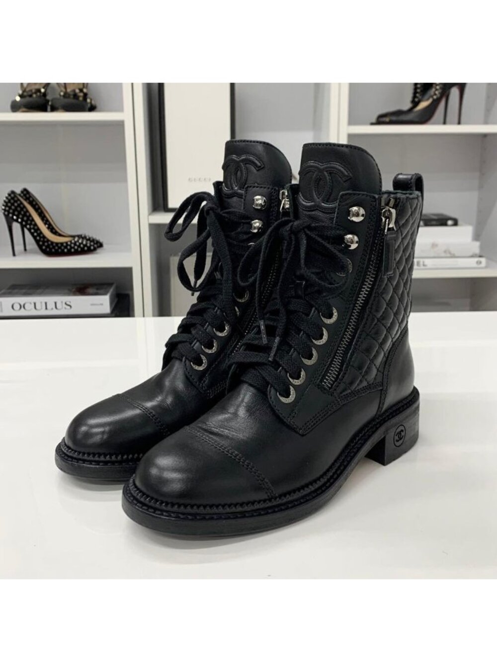 Chanel Quilted Coco Mark Leather Lace Up Short Boots - Picture 3 of 10